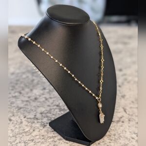 Hand Crafted Golden Bysantine Cross Chain and White Pearls Drop Necklace